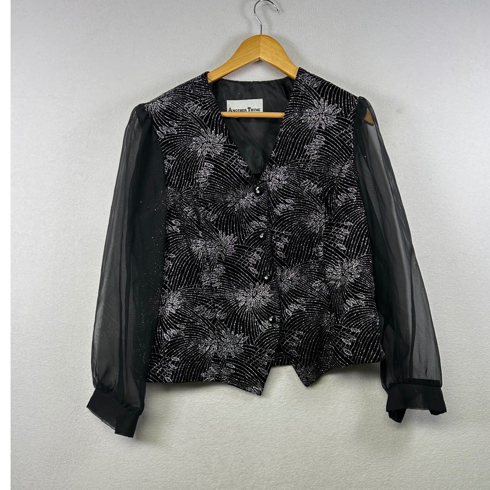 Vintage Another Thyme Black Sequined Floral Sheer Sleeve  Button Front Blouse‎